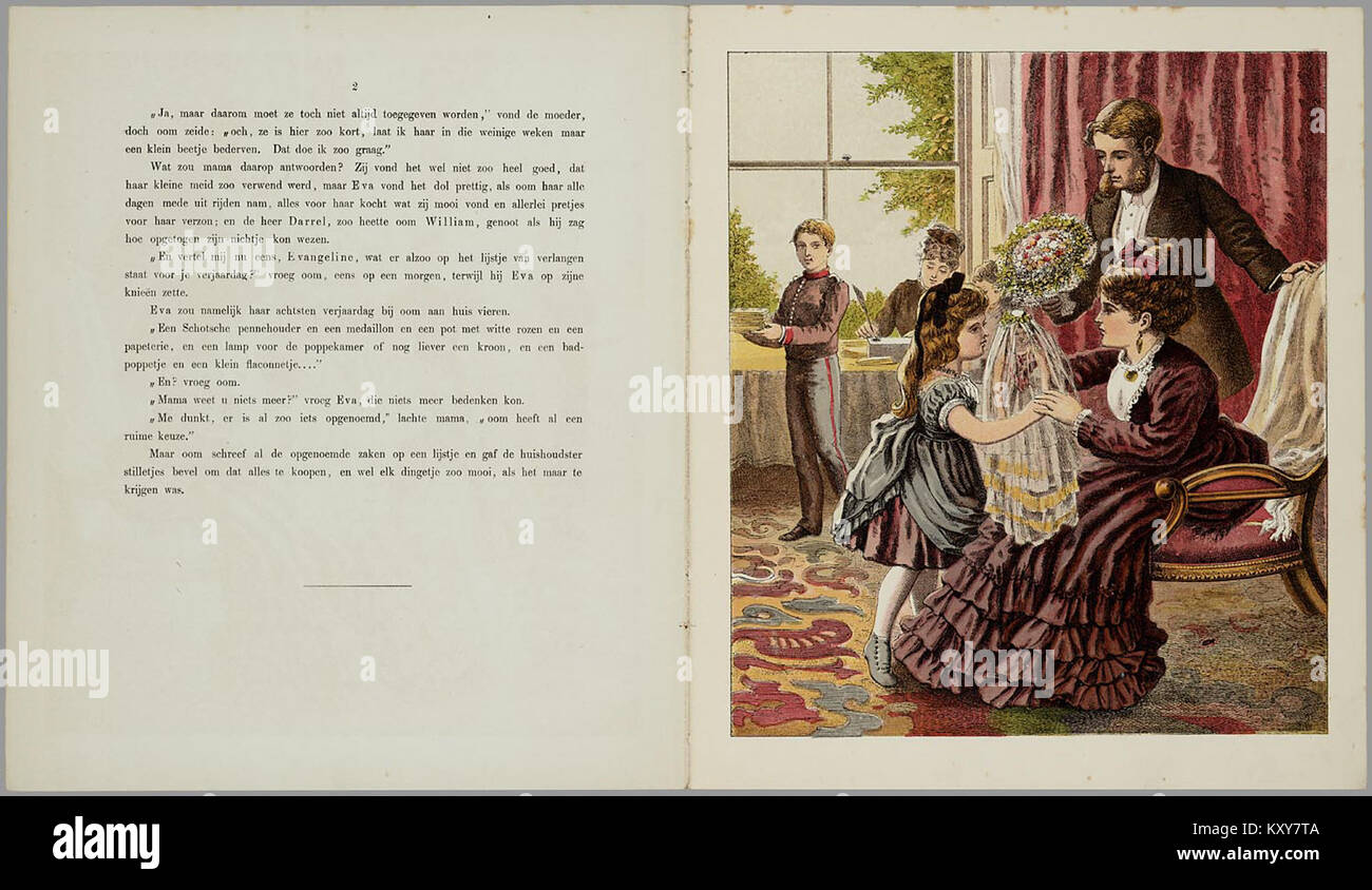 Une représentation intitulée 'Evas bal' illustrant une scène sociale ou festive centrée autour du bal d'Eve, probablement dans un contexte culturel ou artistique mettant l'accent sur les tenues d'époque et les rassemblements formels. Banque D'Images