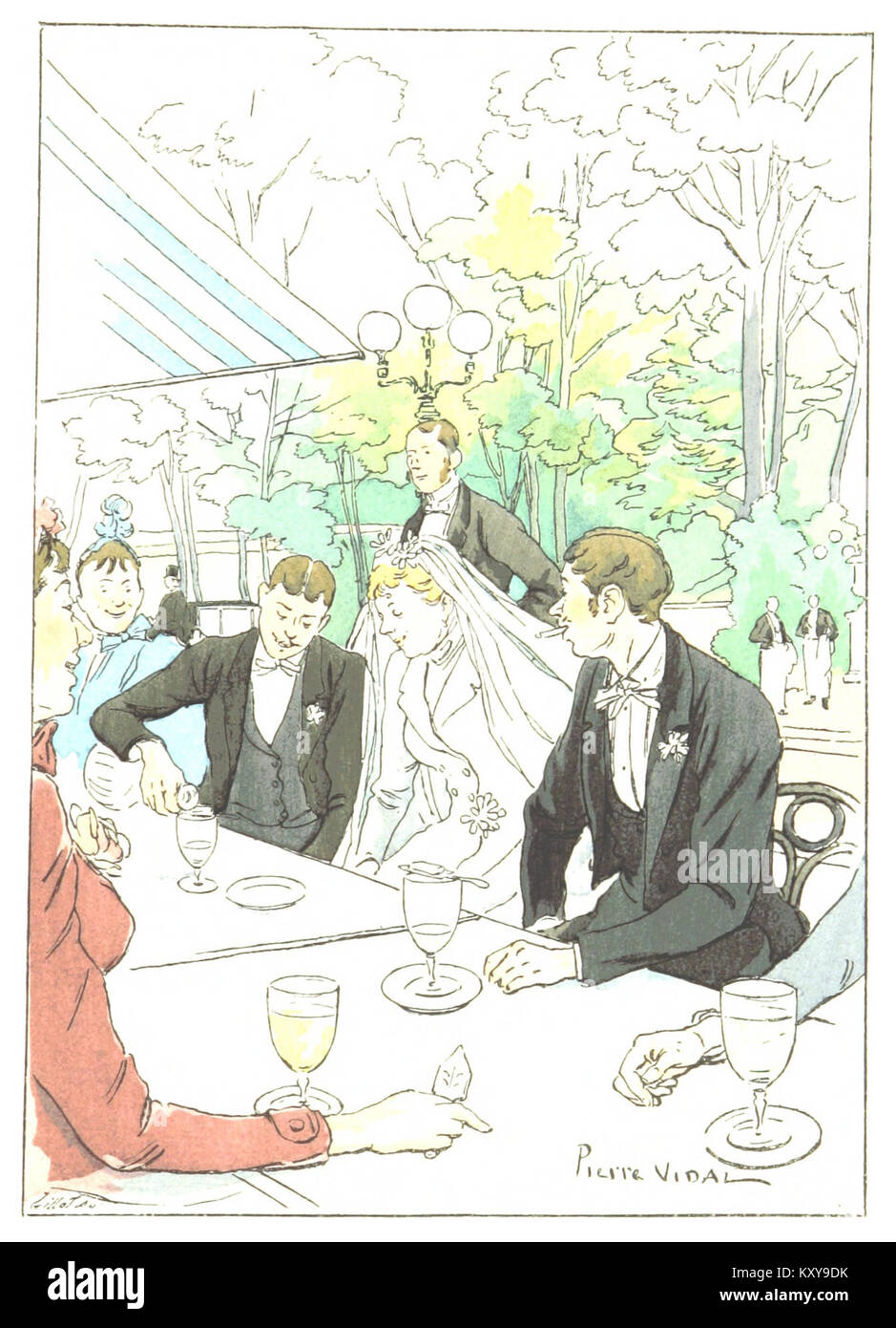« L’apéritif de la mariée » de Goudeau & Vidal dépeint une scène de banquet de mariage avec des invités grillant et une mariée au centre, reflétant le rituel social et la fête dans les décorations françaises du début du XXe siècle Banque D'Images