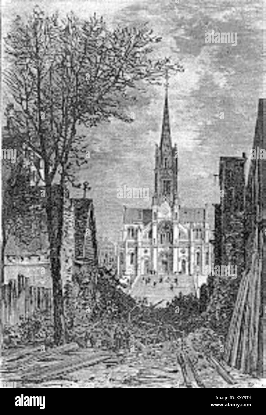 Gravure de notre-Dame-de-la-Croix de Ménilmontant à Paris, datée de 1869. L'œuvre d'art représente la conception architecturale de l'église et son importance dans l'histoire religieuse française du XIXe siècle. Banque D'Images