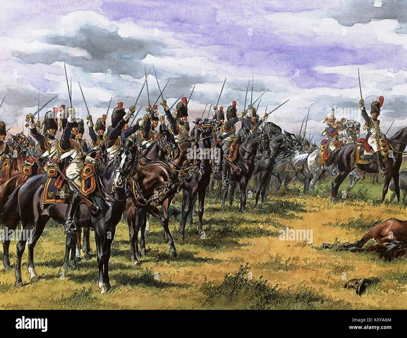 Les œuvres de Victor Huen représentent un grenadier à cheval de la Garde impériale de Napoléon, mettant en valeur les regalia militaires et les uniformes distinctifs de l'époque, soulignant la grandeur de l'armée de Napoléon. Banque D'Images