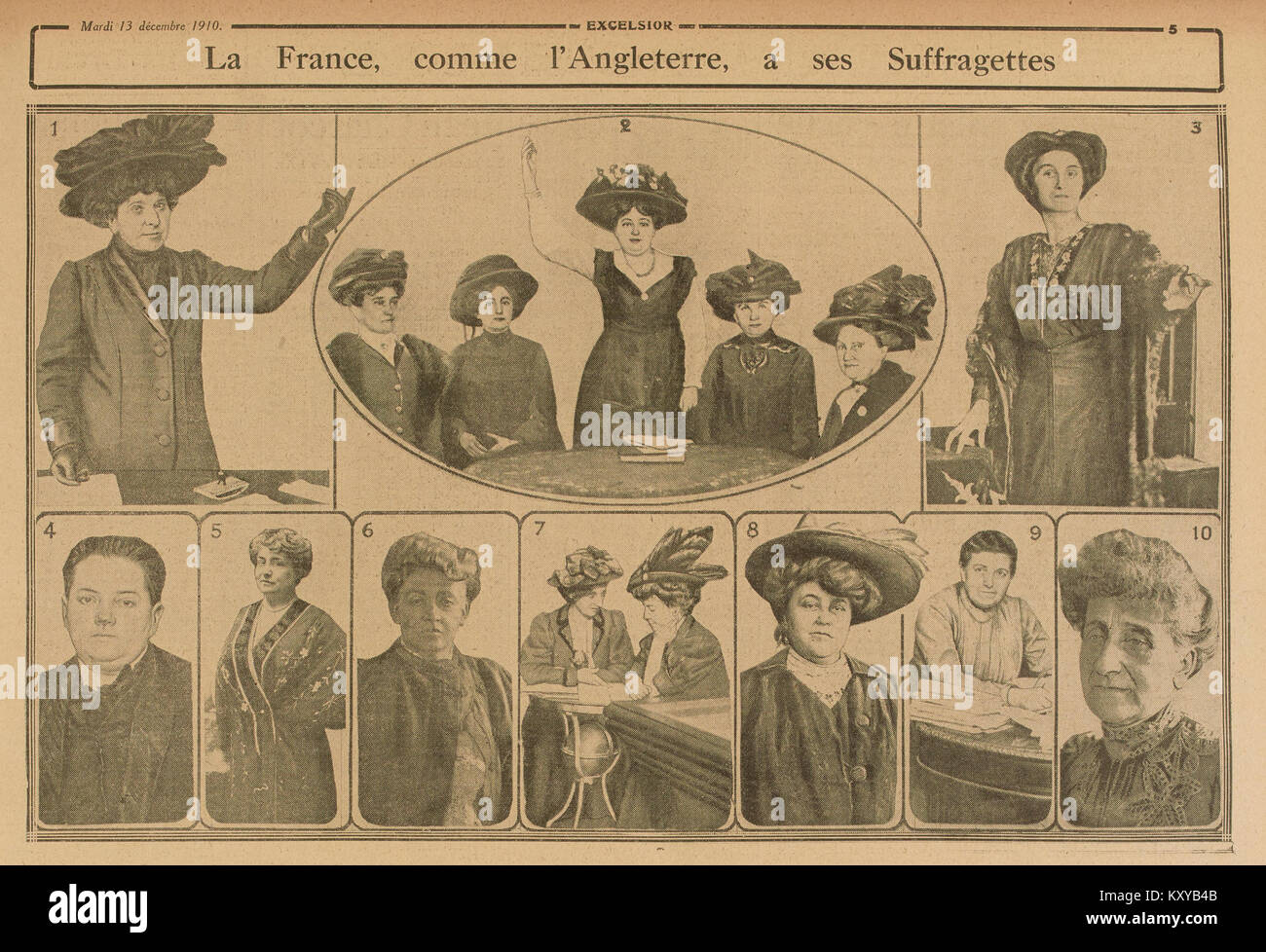 Un titre de journal français du XXe siècle publié par Excelsior met en lumière le mouvement des suffragettes en France, établissant des parallèles avec la campagne pour le suffrage féminin britannique. Banque D'Images