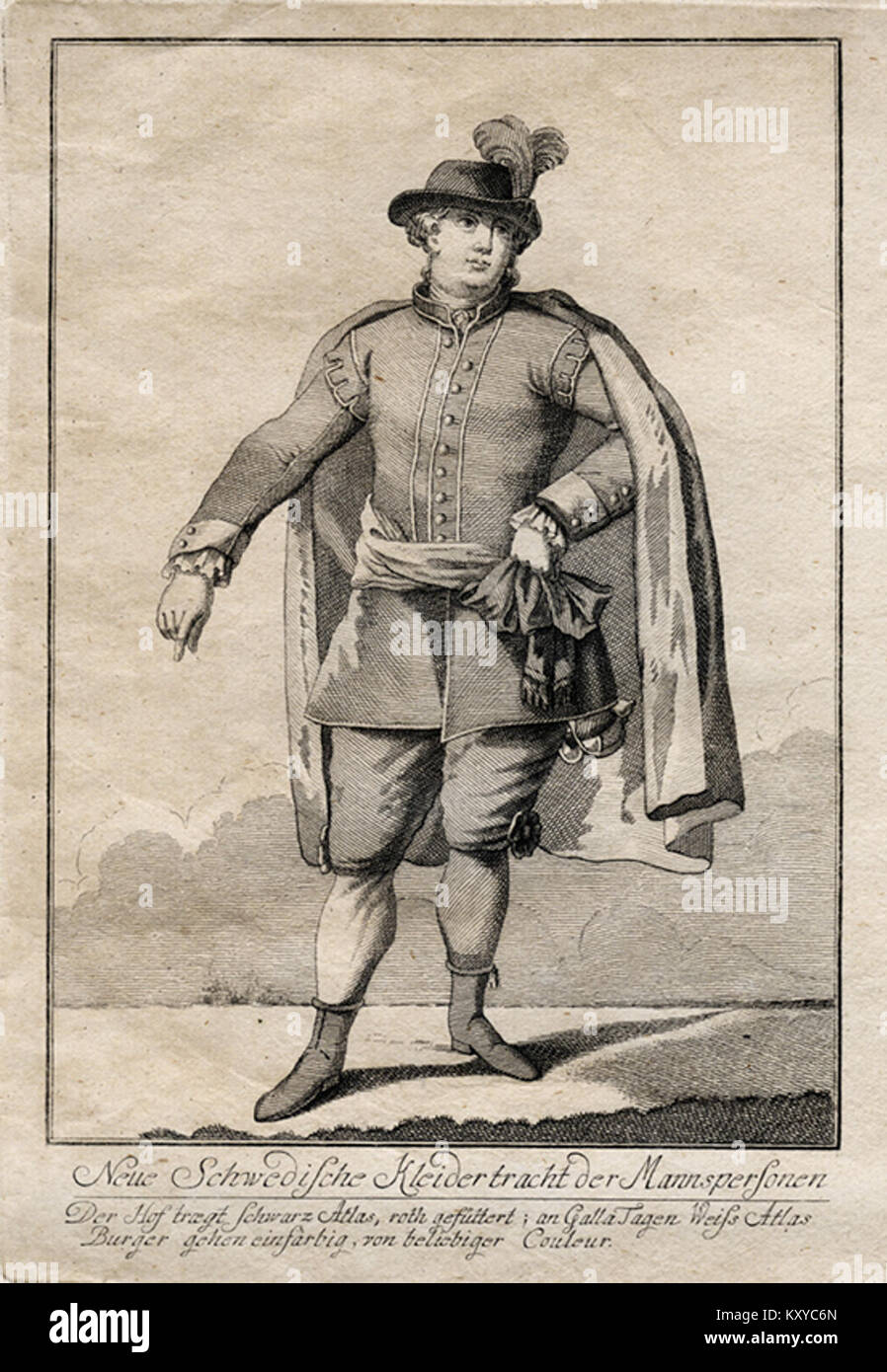 Costume national masculin de Suède à l'époque du roi Gustave III, représentant les vêtements traditionnels du XVIIIe siècle et le patrimoine culturel. Banque D'Images