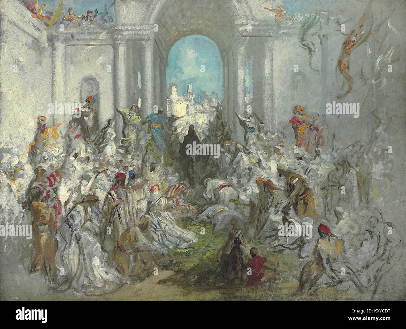 Gravure de l’artiste français Gustave Doré représentant l’entrée du Christ à Jérusalem, illustrant une scène biblique avec des figures détaillées, une architecture et une composition expressive caractéristiques des œuvres religieuses de Doré. Banque D'Images