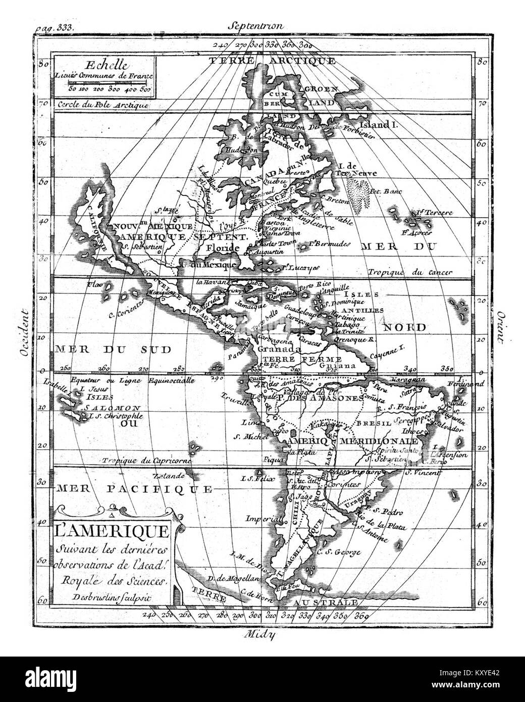 Cette carte en noir et blanc de Buffier illustre la géographie des Amériques, montrant les pays, les rivières, les montagnes et les caractéristiques continentales. Banque D'Images