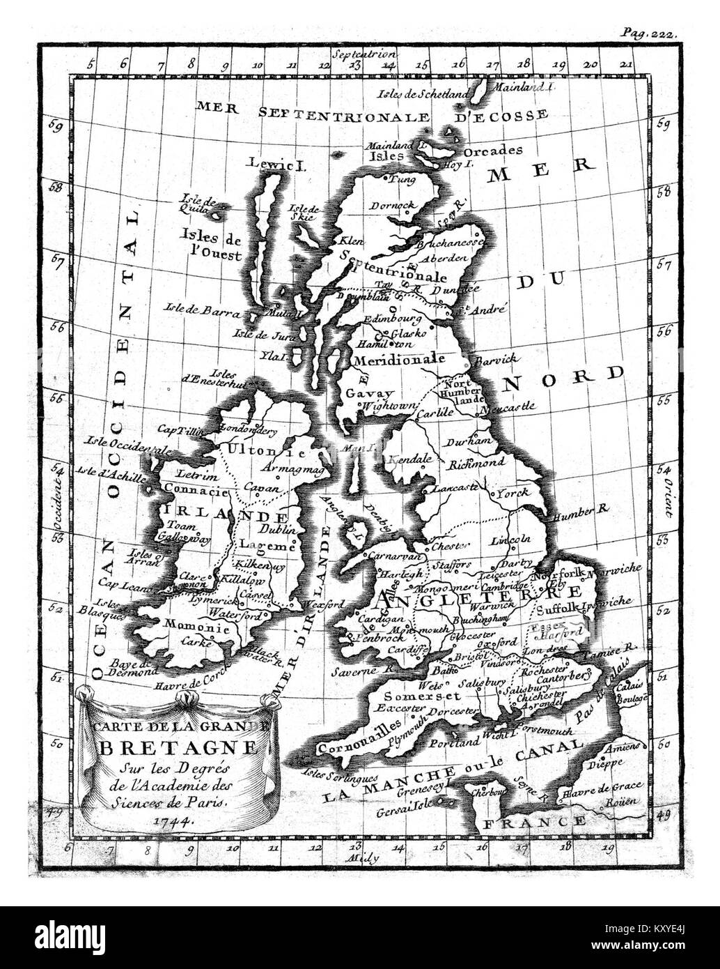 Une carte historique de Buffier illustrant la géographie de la Grande-Bretagne, y compris les régions, les rivières, les villes et les caractéristiques naturelles, représentant les premières connaissances cartographiques des îles britanniques. Banque D'Images