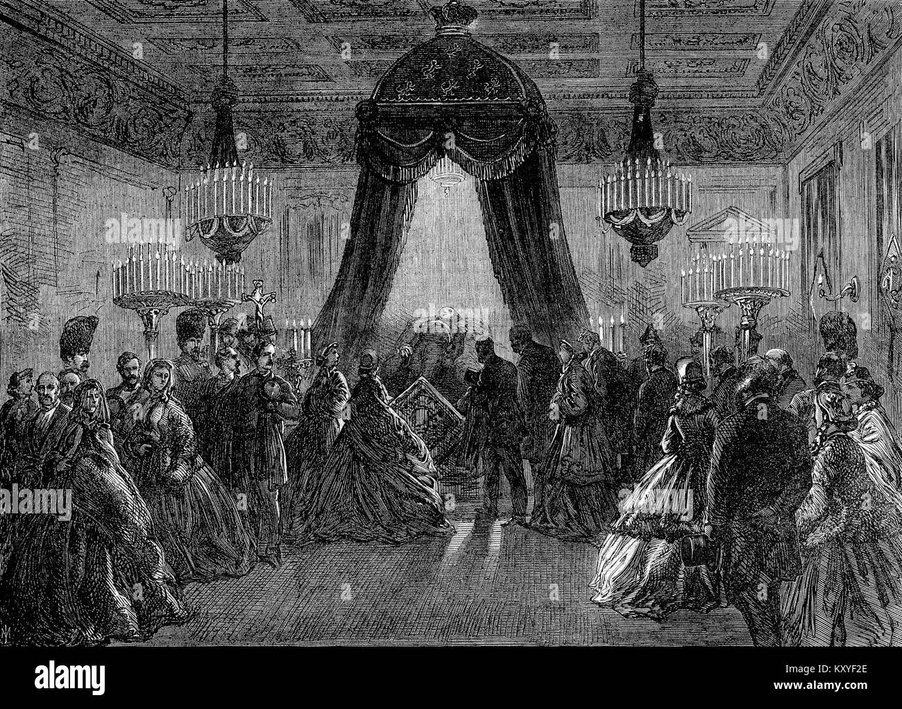 La photographie documente l’exposition du corps du roi Léopold Ier dans la chapelle ardente en Belgique le 14 décembre 1865. La cérémonie reflète les traditions funéraires royales et les coutumes de deuil de la Belgique du XIXe siècle. Banque D'Images