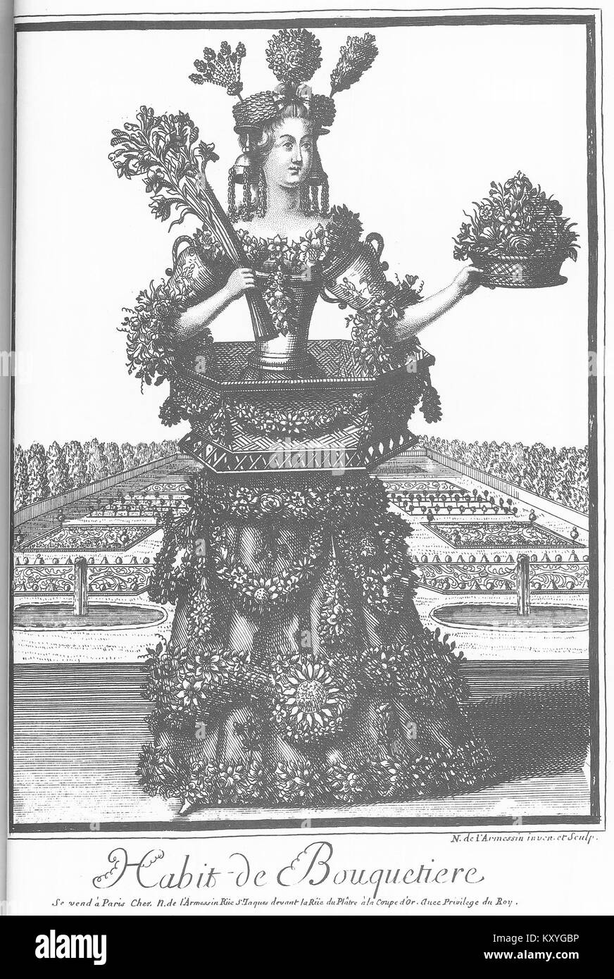 Illustration historique de l'habit de bouquetière, montrant le costume traditionnellement porté par les vendeurs de fleurs au XVIIIe siècle. La tenue vestimentaire reflète la mode européenne et les coutumes sociales de l'époque. Banque D'Images