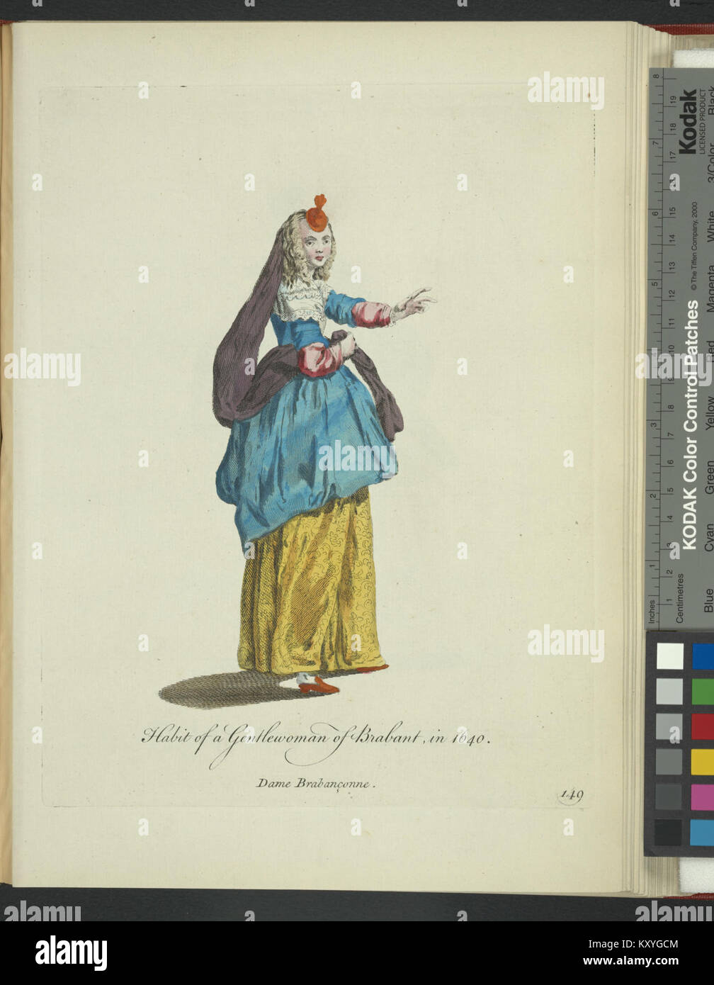 Illustration montrant les vêtements d'une gentille femme du Brabant en 1640, représentant la mode européenne du XVIIe siècle avec des vêtements et des accessoires détaillés typiques de la région. Banque D'Images