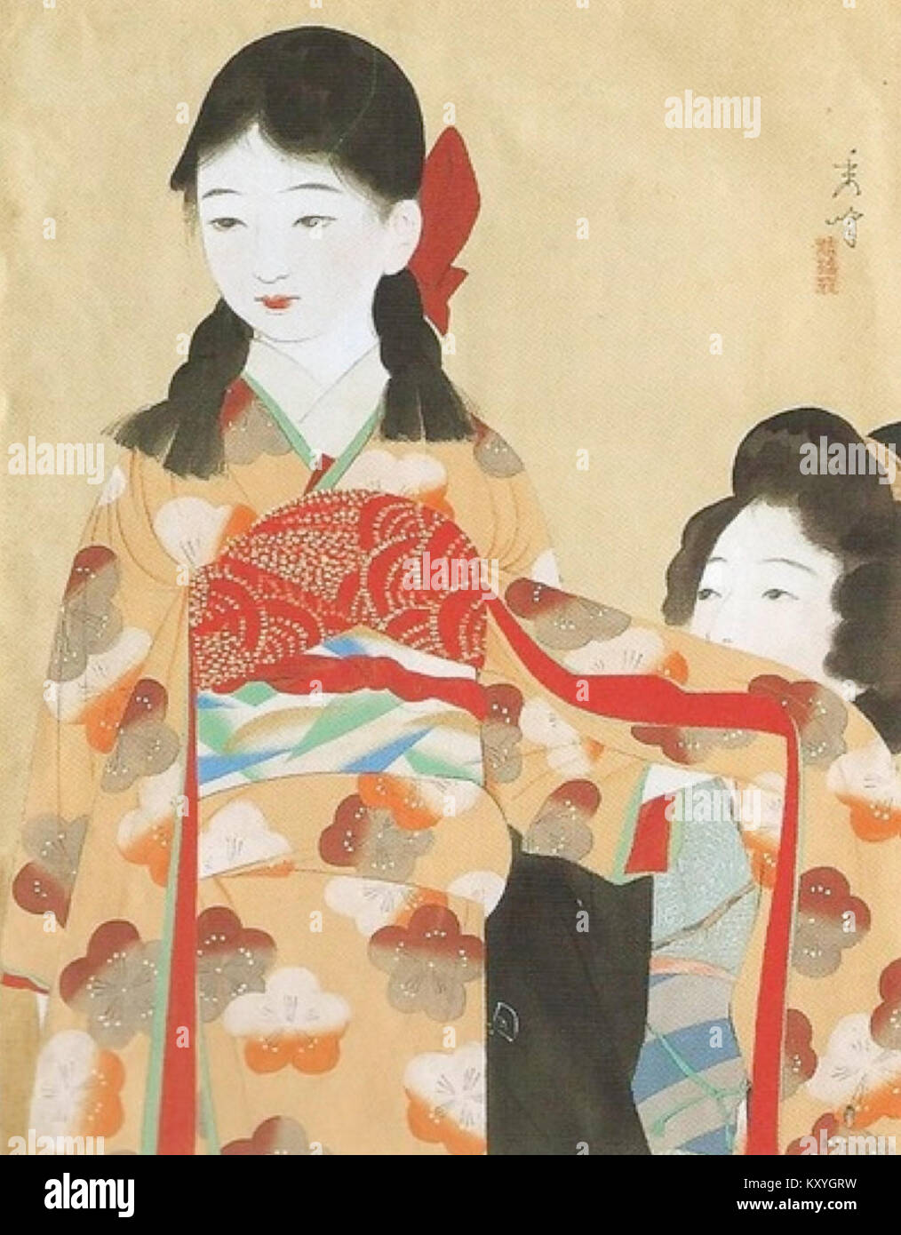 L’œuvre d’art intitulée « Haha no ai » de l’artiste japonais Yamakawa Shūhō présente une estampe sur bois qui juxtapose le style ukiyo-e traditionnel avec l’expression « No ai », examinant les relations humaines avec l’intelligence artificielle dans un support d’impression japonais contemporain. Banque D'Images