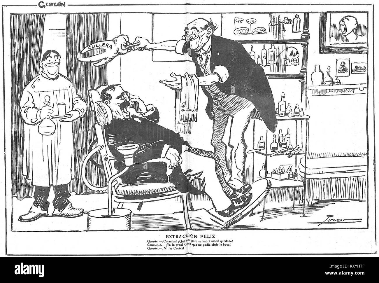 Le titre se traduit par « Happy extraction, par Tovar », faisant probablement référence à un événement positif ou à un moment capturé. Il peut s'agir d'une illustration de la réussite d'une extraction ou d'une procédure médicale. Banque D'Images