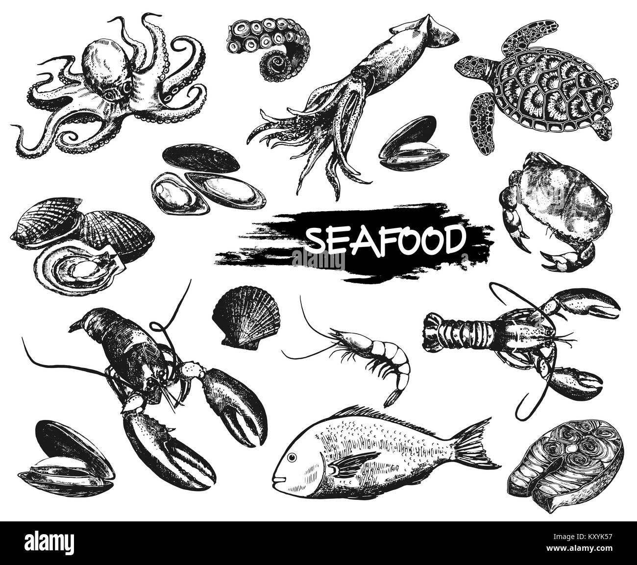 Ensemble de croquis dessinés à la main, des fruits de mer de style. Vector illustration isolé sur fond blanc. Illustration de Vecteur