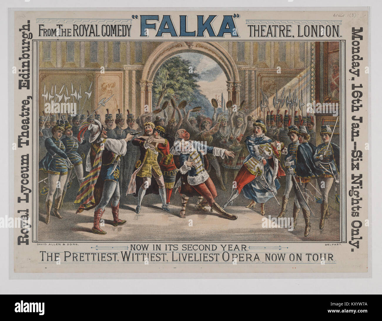 'Falka' est une affiche d'opéra du Royal Comedy Theatre de Londres, datée de 1885. L'affiche promeut une représentation de six nuits de l'opéra, soulignant son attrait comme une production vivante et spirituelle. Banque D'Images