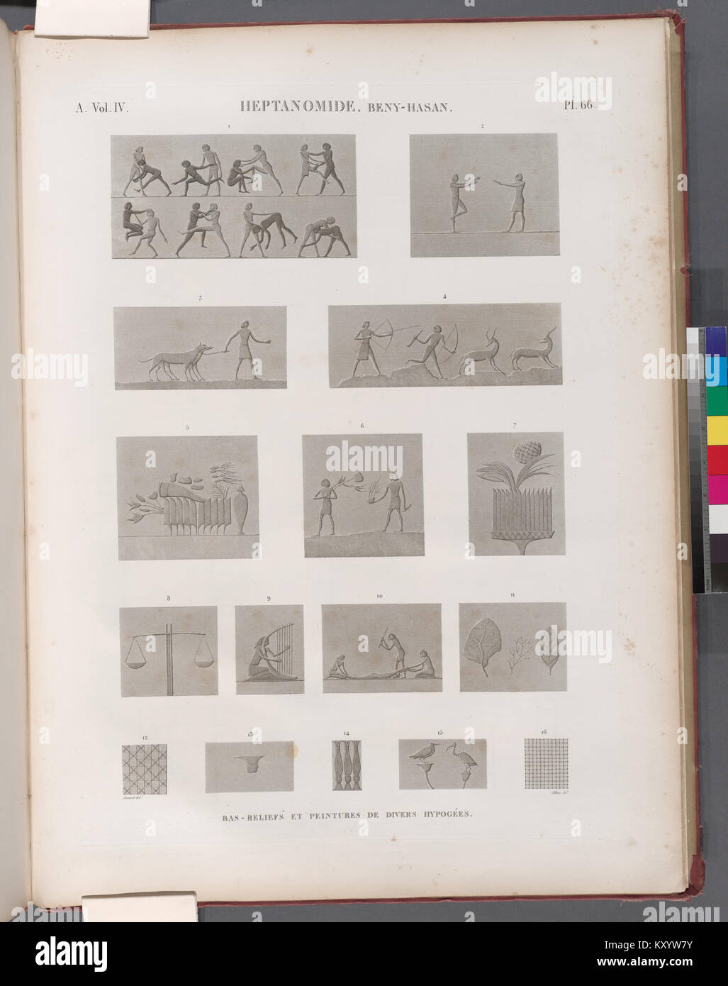 Cette image représente un bas-relief et des peintures des tombes de Beni Hasan en Égypte, mettant en valeur des scènes de l'Empire du milieu. Ces œuvres font partie de la vaste collection d'antiquités égyptiennes, illustrant la vie quotidienne et les pratiques culturelles de cette période. Banque D'Images