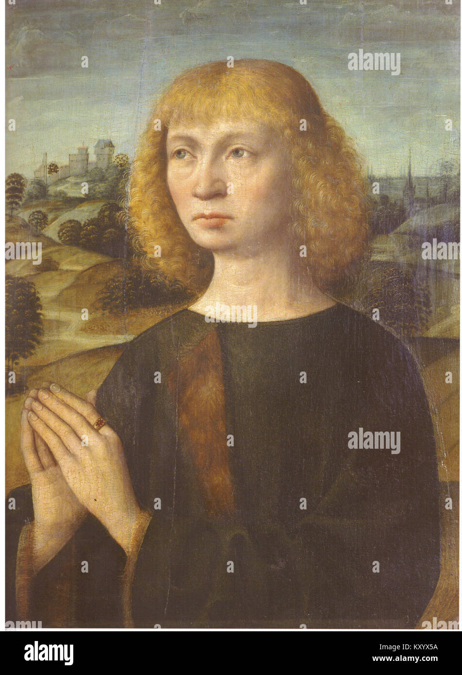 Un portrait de Hermen Rode intitulé 'Portrait of a Young Man', illustrant le style de peinture gothique tardif et l'attention de l'artiste à la représentation humaine réaliste. Banque D'Images