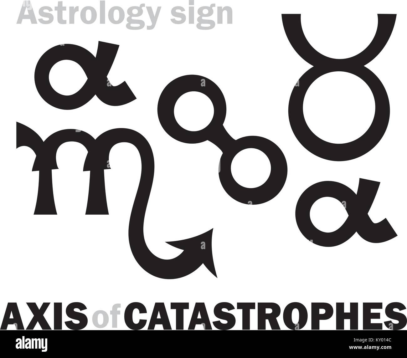 Alphabet d'astrologie : AXE DE CATASTROPHES (catastropharum), l'axe de la ligne Antares (alpha Scorpii) d'Aldébaran (Alpha Tauri). Symbole de hiéroglyphes. Illustration de Vecteur