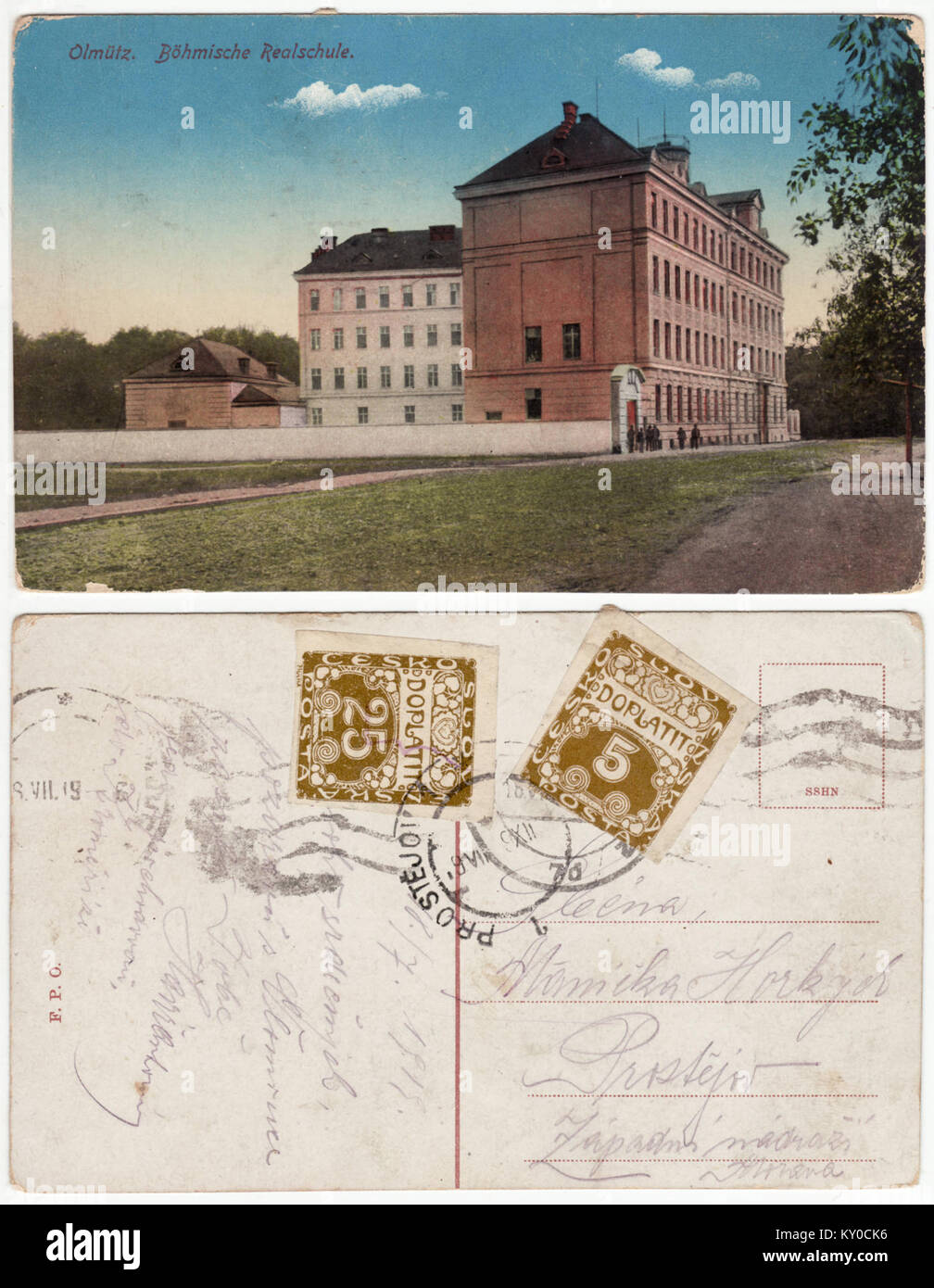 Carte Postale historique avec la construction d'aujourd'hui Slovanské gymnázium Banque D'Images