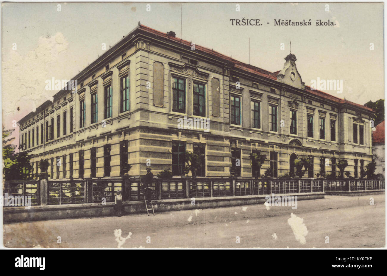 Carte postale historique de l'école de Tršice Banque D'Images