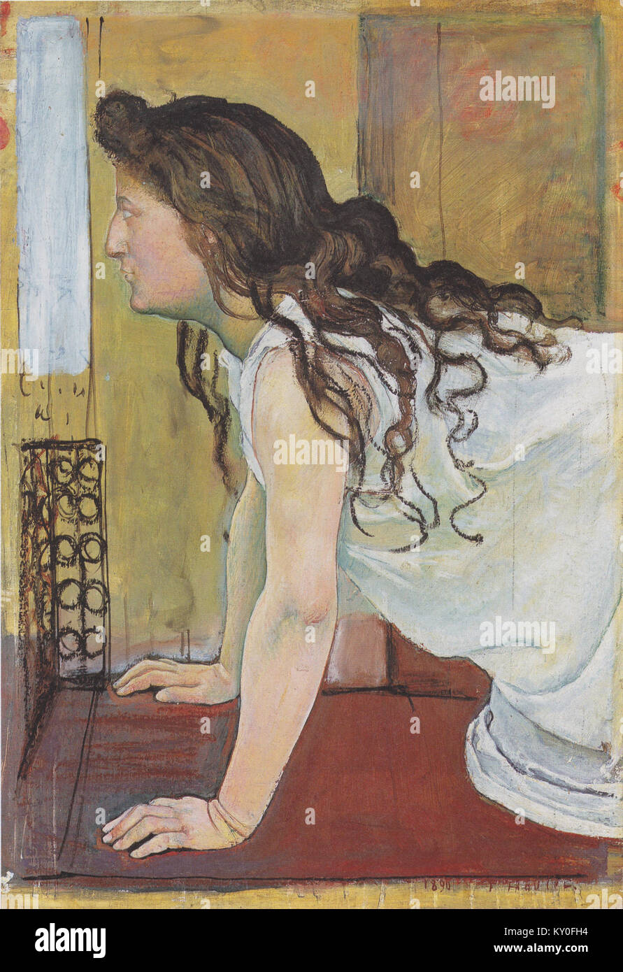 'Mädchen am Fenster' (fille à la fenêtre) est une peinture célèbre de Ferdinand Hodler datant de 1890, connue pour son intensité émotionnelle et son portrait de la solitude et de la contemplation. Banque D'Images