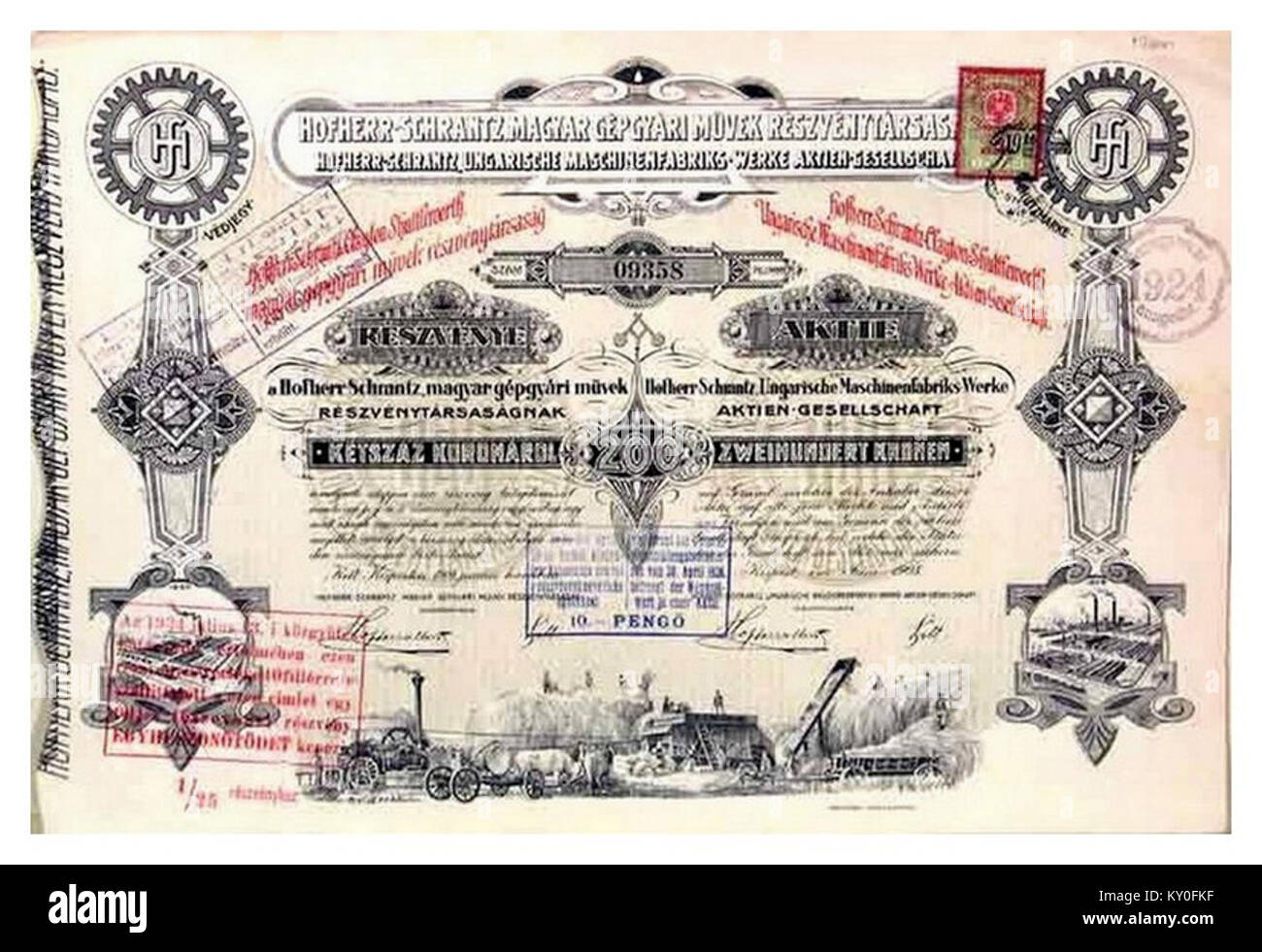 Hofherr részvény fait référence à un certificat d'actions historique de la société Hofherr, documentant l'actionnariat et l'histoire financière en Hongrie. Banque D'Images