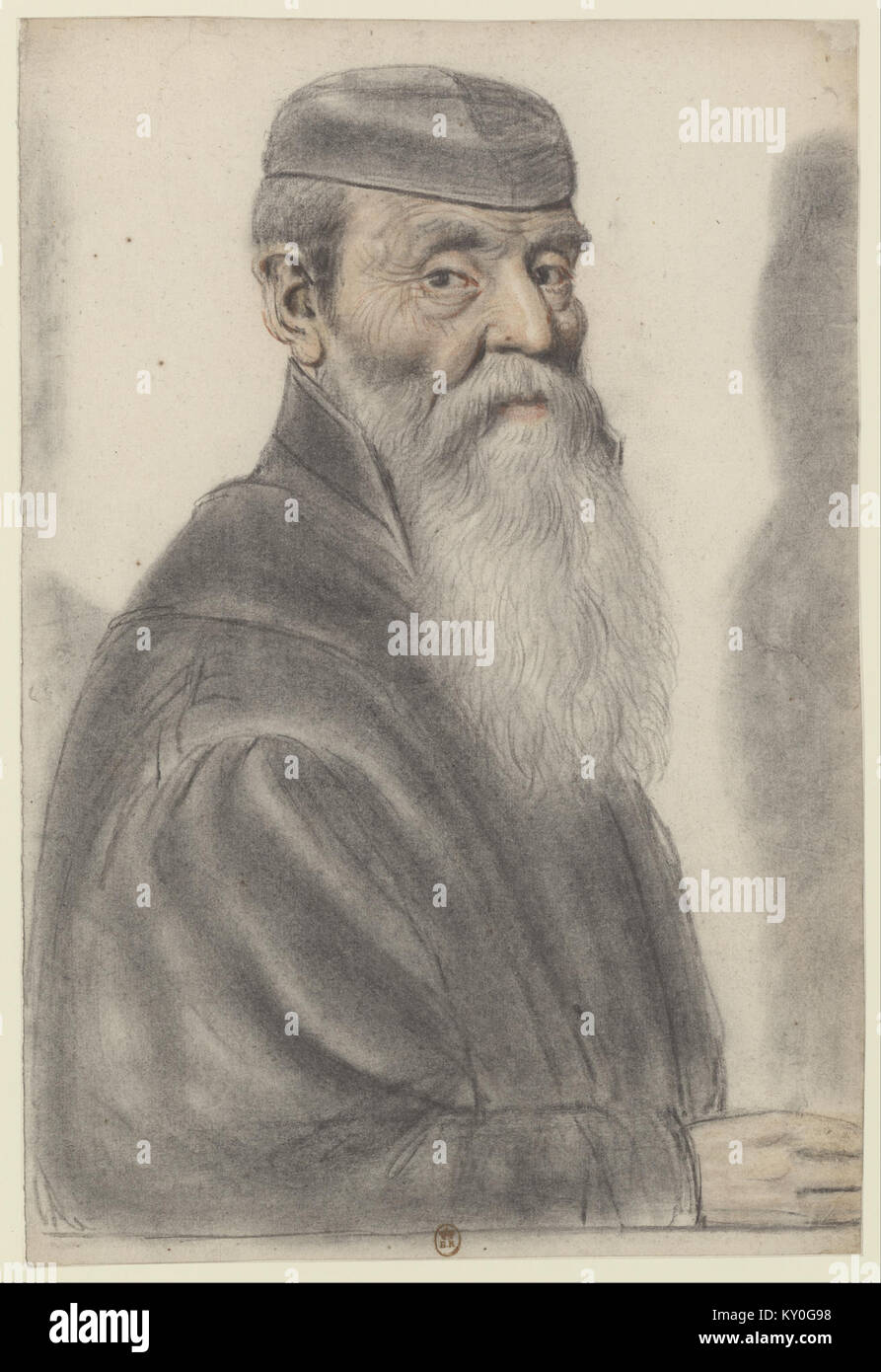 Ce portrait de Nicolas Lagneau montre un homme âgé avec une longue barbe et une casquette noire, capturé aux trois quarts, mettant en évidence les traits du visage et les vêtements. Banque D'Images