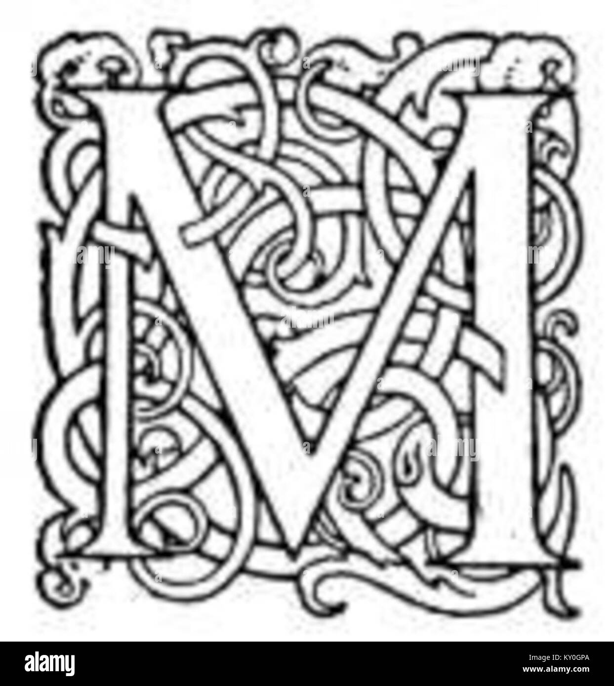 Cette image décorative présente une lettre « M » ornée, illustrant un design typographique historique et un embellissement artistique Banque D'Images