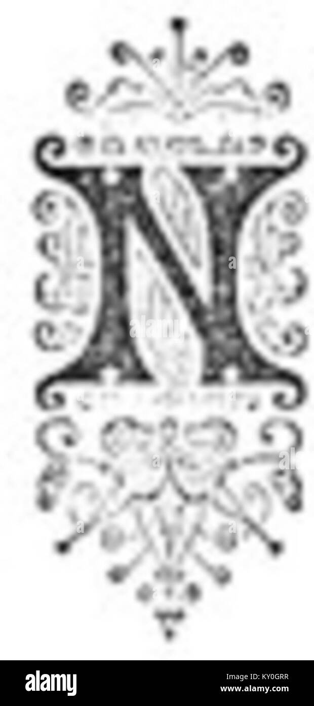 Une représentation décorative de la lettre N avec des volutes élaborées et fleurit, soulignant l'art de la typographie historique et de la conception de lettres illuminées. Banque D'Images