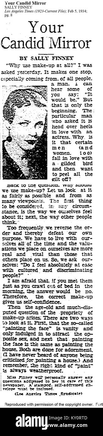 Cette couverture de magazine datée du 5 février 1934 présente une publicité promotionnelle pour le produit de la marque « Your Candid Mirror » de Sally Hansen. Il illustre l'esthétique publicitaire des années 1930, y compris un modèle féminin stylisé, une typographie décorative et un affichage d'emballage de détail. Banque D'Images