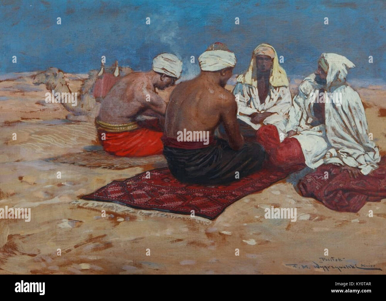 Tableau de Feliks Michał Wygrzywalski intitulé « Bédouins au repos », représentant des Bédouins se reposant dans un environnement désertique. Banque D'Images