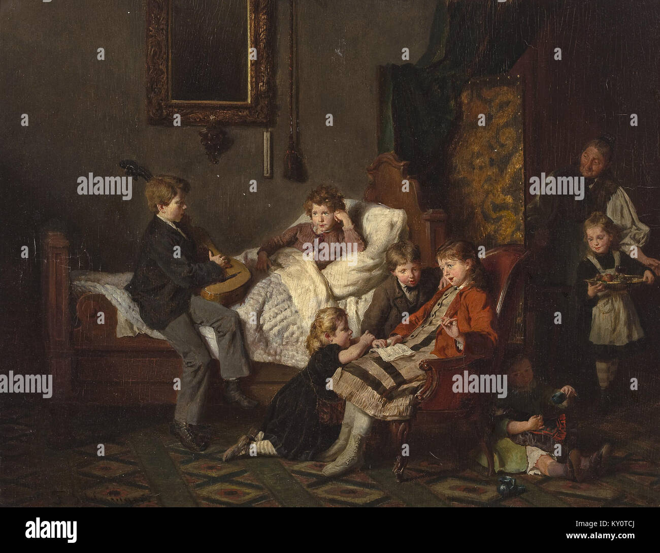 Peinture de Felix Schlesinger représentant un intérieur domestique où une femme divertit un patient en convalescence, caractéristique du genre allemand du XIXe siècle Banque D'Images