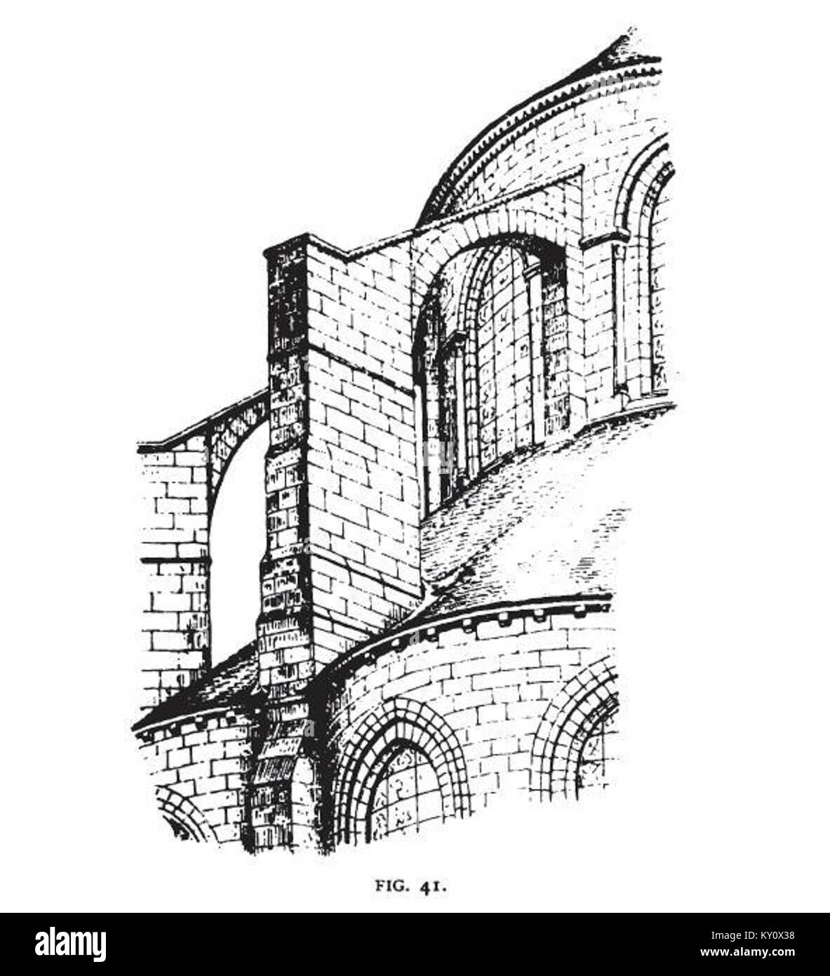 Dessin architectural illustrant le contrefort volant de l’abside de l’église de l’église de l’Escerent en France, montrant l’ingénierie gothique et les détails de la conception structurelle. Banque D'Images
