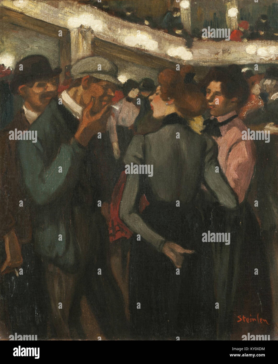 La peinture de Steinlen représente des femmes et des mécènes au Moulin Rouge à Paris, illustrant la vie nocturne animée sociale et artistique de Paris de la fin du XIXe siècle. Banque D'Images