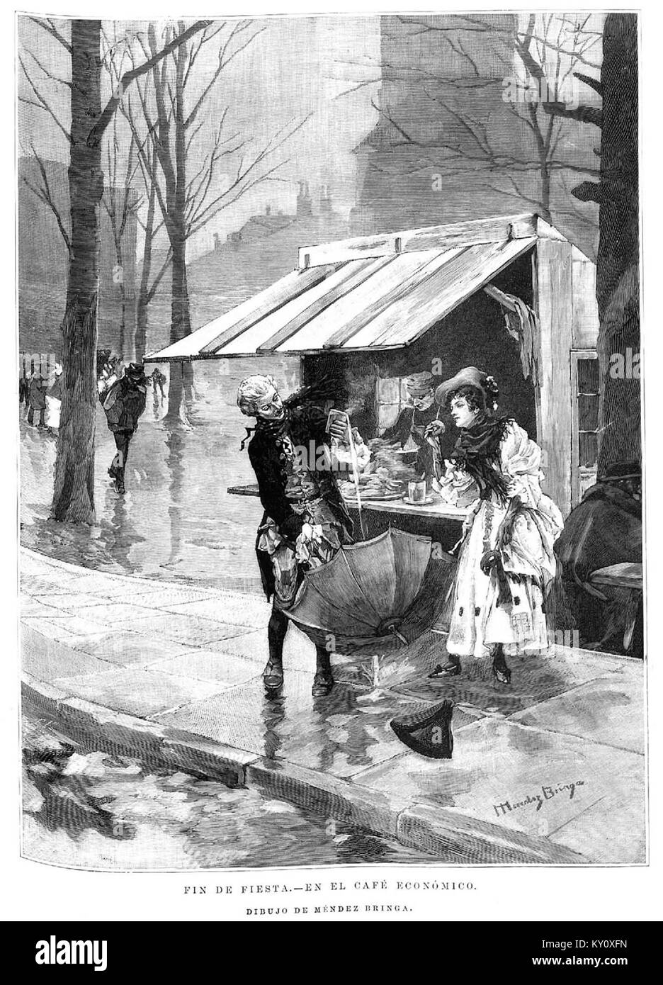 Tableau 'fin de Fiesta' montrant un rassemblement social au Café Económico en Espagne, illustrant la vie sociale espagnole et le contexte culturel du début du XXe siècle Banque D'Images