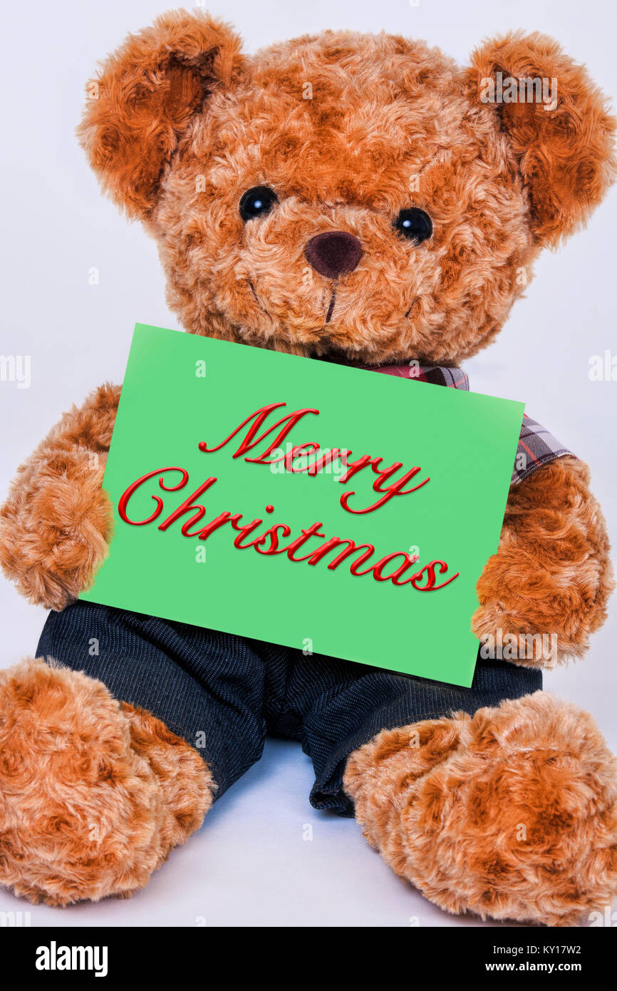 Mignon ours en peluche tenant un panneau vert qui dit Joyeux Noël isolé sur fond blanc Banque D'Images