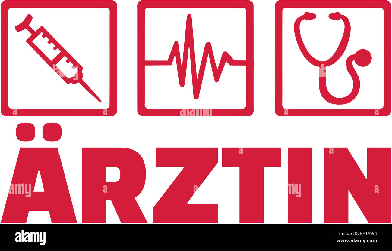 Femme médecin allemand avec fréquence cardiaque injection and stethoscope Banque D'Images