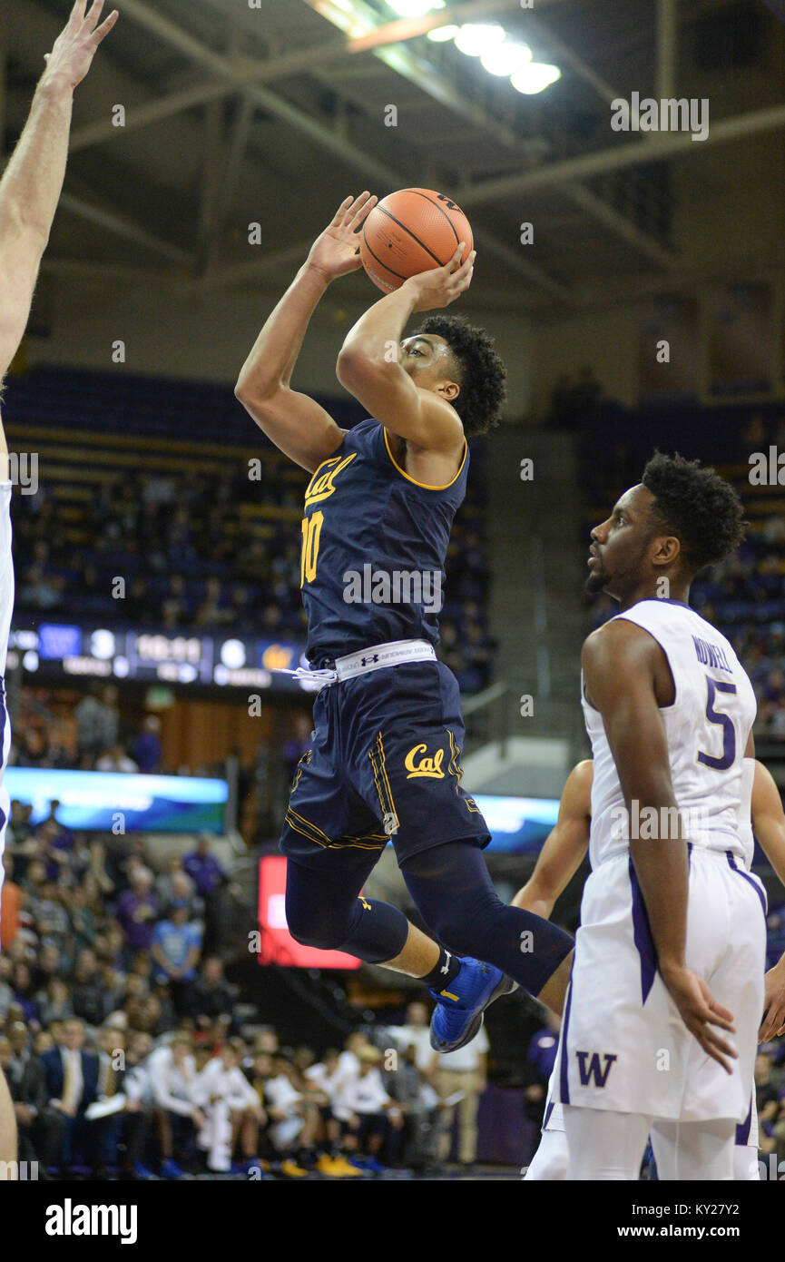 Seattle, WA, USA. Jan 11, 2018. La justice garde Cal Sueing (10) met en place un tir au cours d'un CIP12 jeu de basket-ball entre les Washington Huskies et Cal les ours. Le jeu a été joué à Hec Ed Pavilion à Seattle, WA. Jeff Halstead/CSM/Alamy Live News Banque D'Images