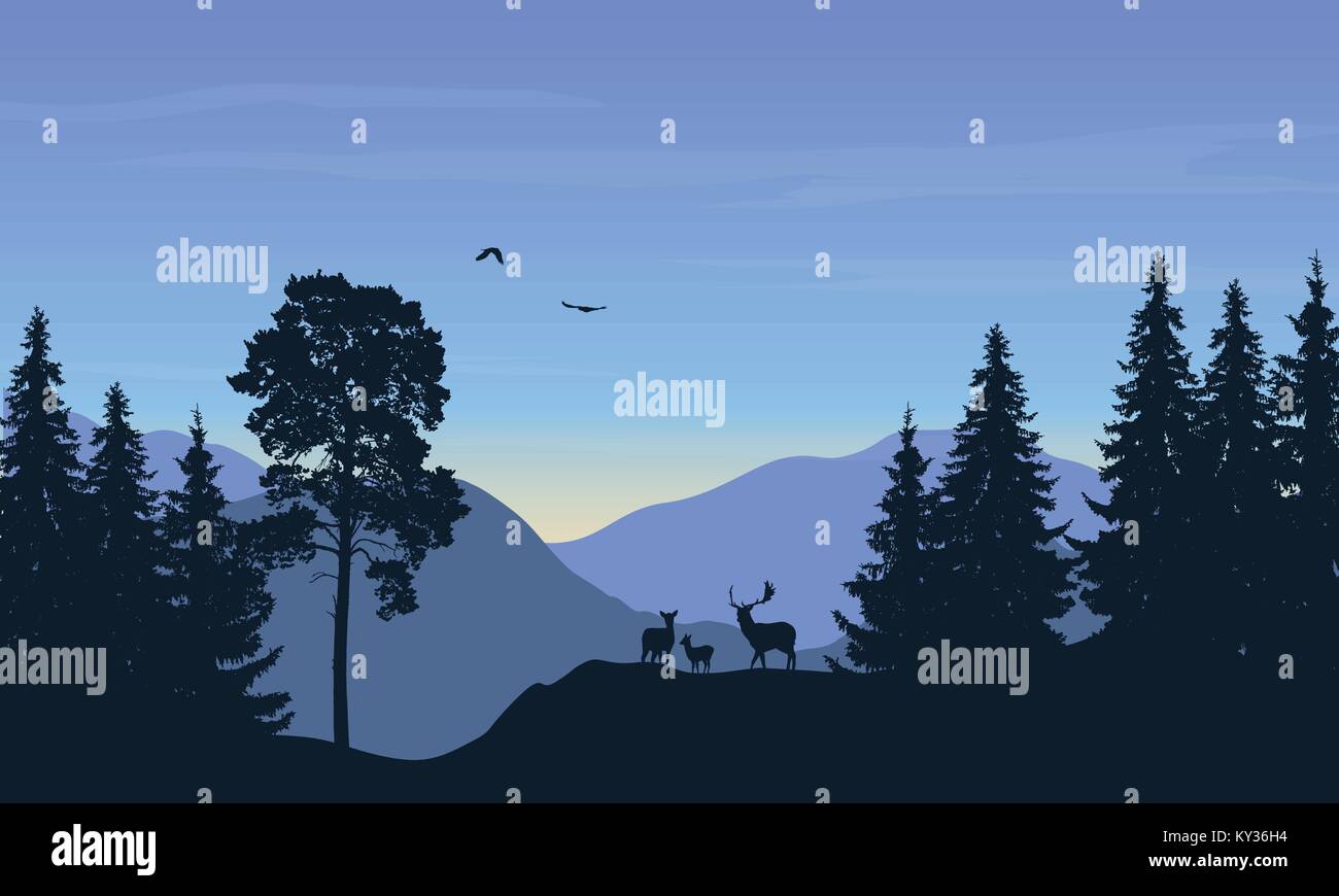 Vector illustration réaliste du paysage de montagne avec des forêts, le cerf et l'aigle Illustration de Vecteur