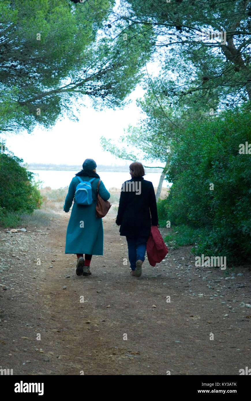 Deux femmes d'âge moyen de discuter à pied à partir de l'appareil photo vers une ouverture dans une forêt avec un lac au loin Banque D'Images