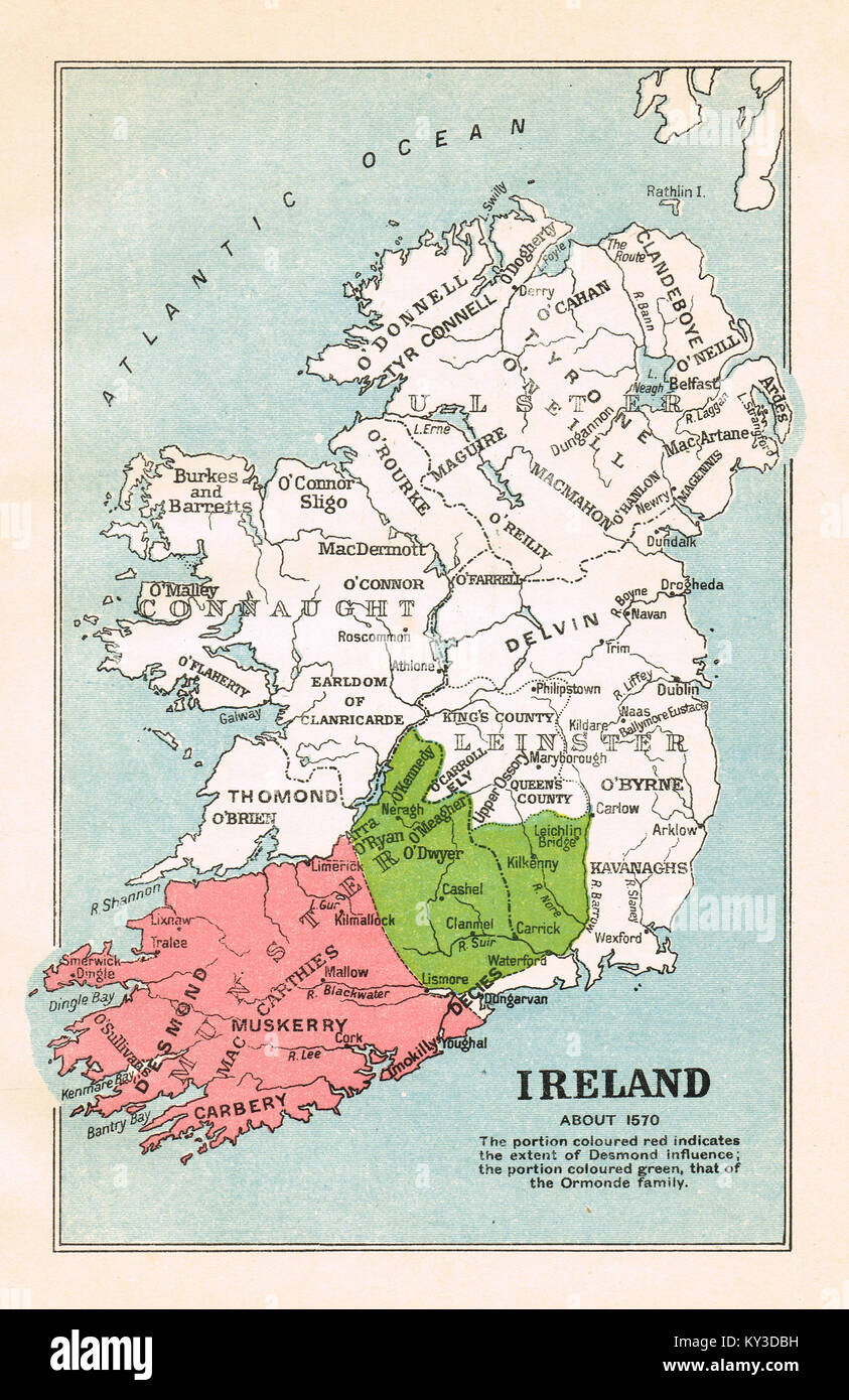 Site de l'Irlande, vers 1570 montrant l'influence de l'Desmond (en rouge) et les familles d'Ormond (en vert) sur 1570 Banque D'Images
