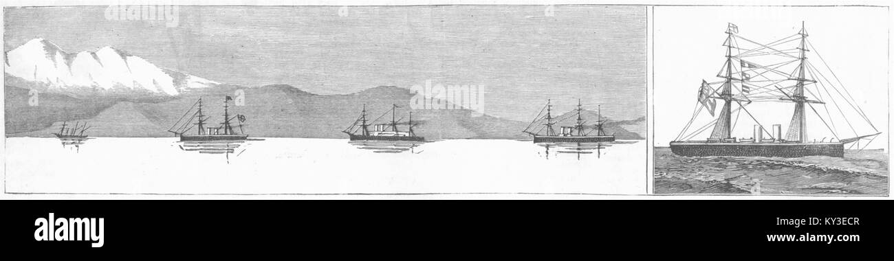 La flotte de navires, la baie de Souda, en Crète ; Temeraire quitte Malte 1886. Le graphique Banque D'Images