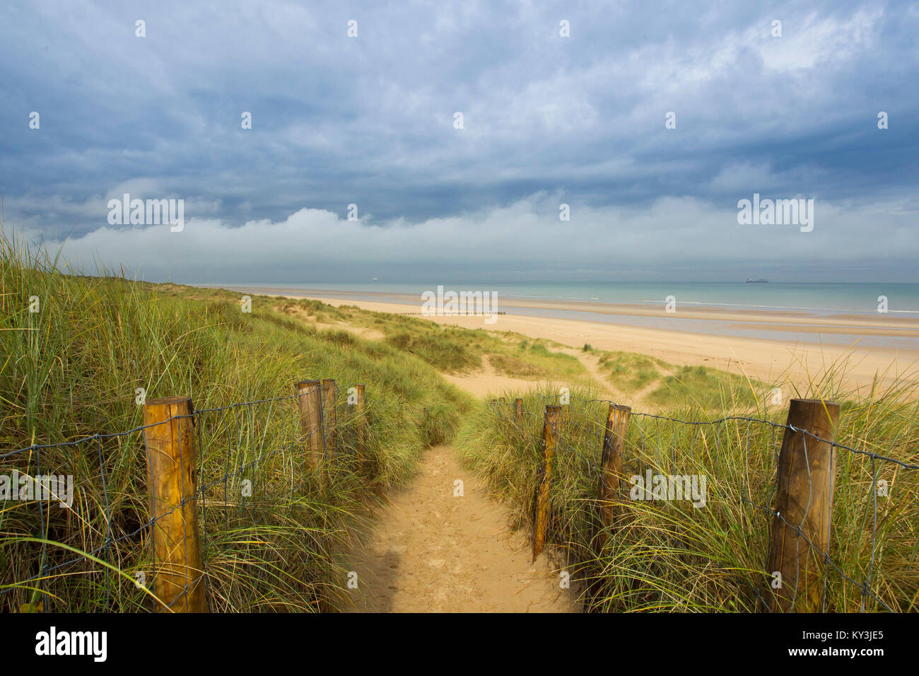 Sangatte - Blériot Plage (nord de la France) : chemin au milieu des dunes menant à la plage, sous un ciel d'orage Banque D'Images