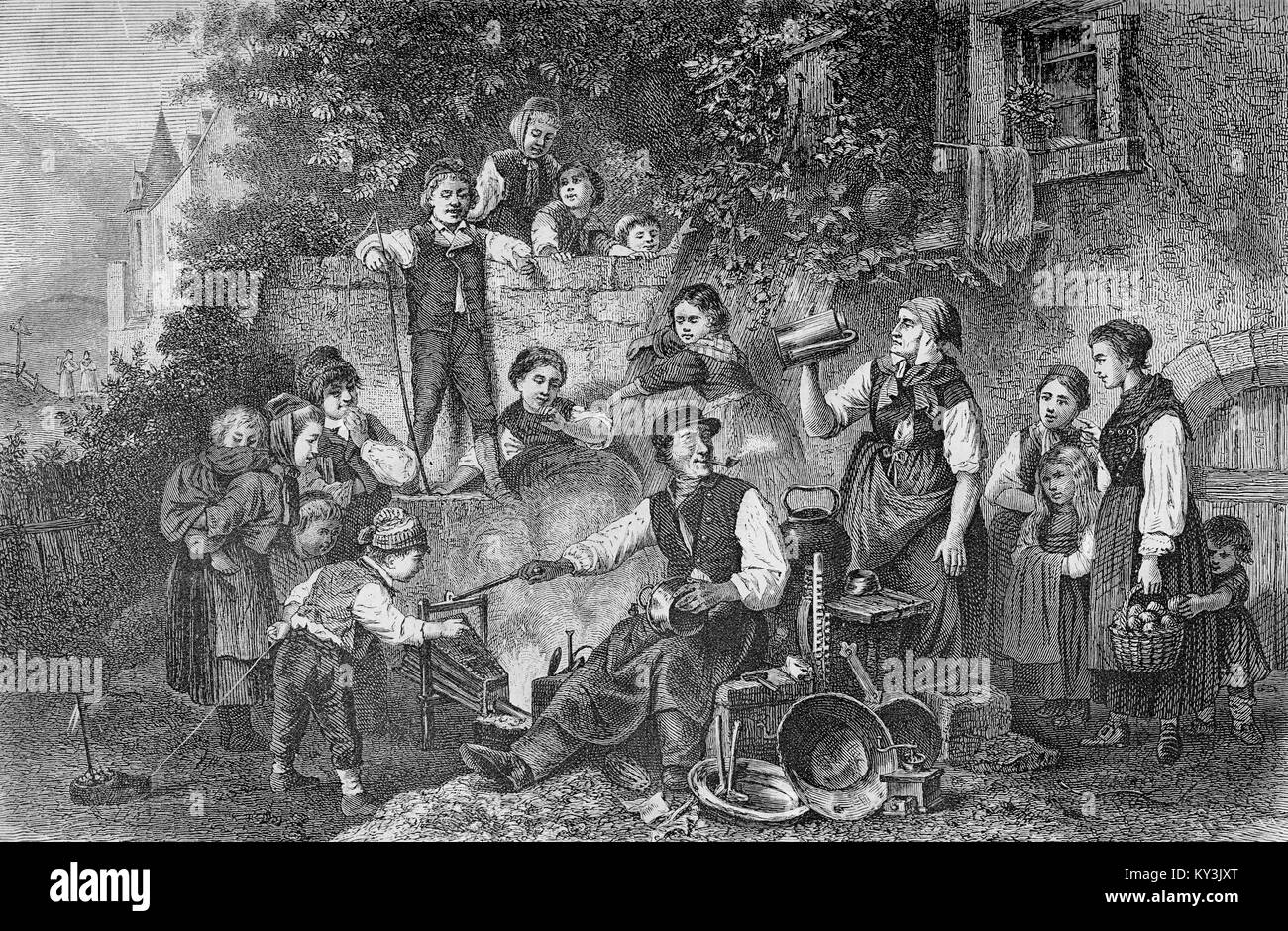Vintage de vie rural ; le bricoleur travaillant dans une cour entourée par des gens curieux Banque D'Images