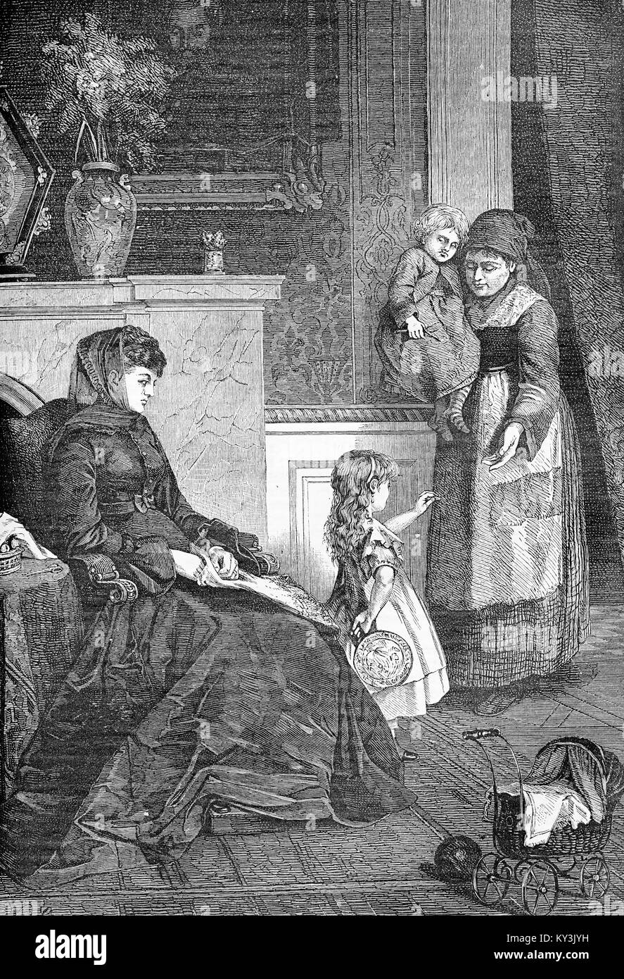 Deux vidows, dame de ménage avec enfants : et même la tristesse, gravure d'époque Banque D'Images