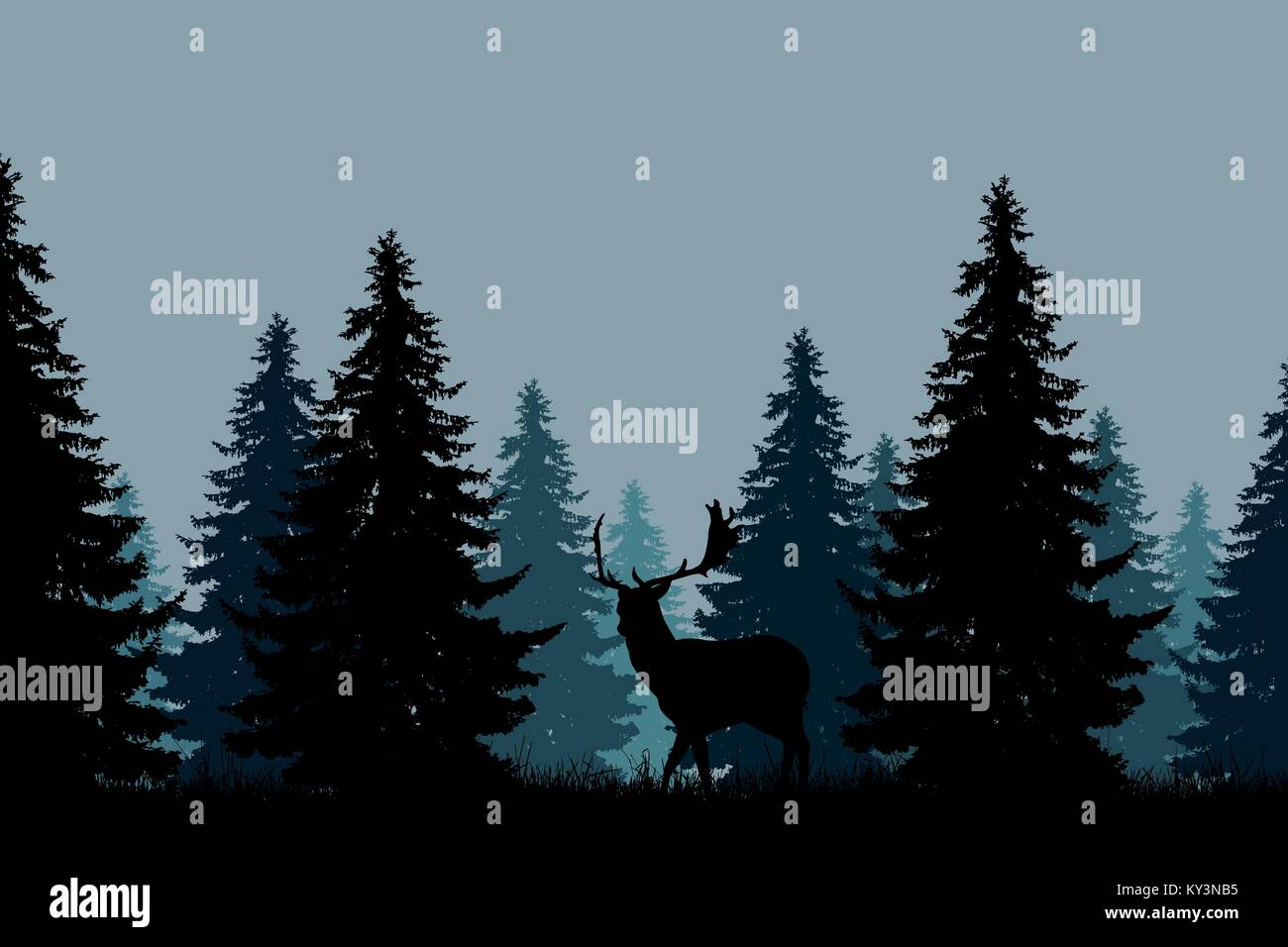 Une forêt de conifères bleu vert avec une silhouette d'un daim - vector Illustration de Vecteur