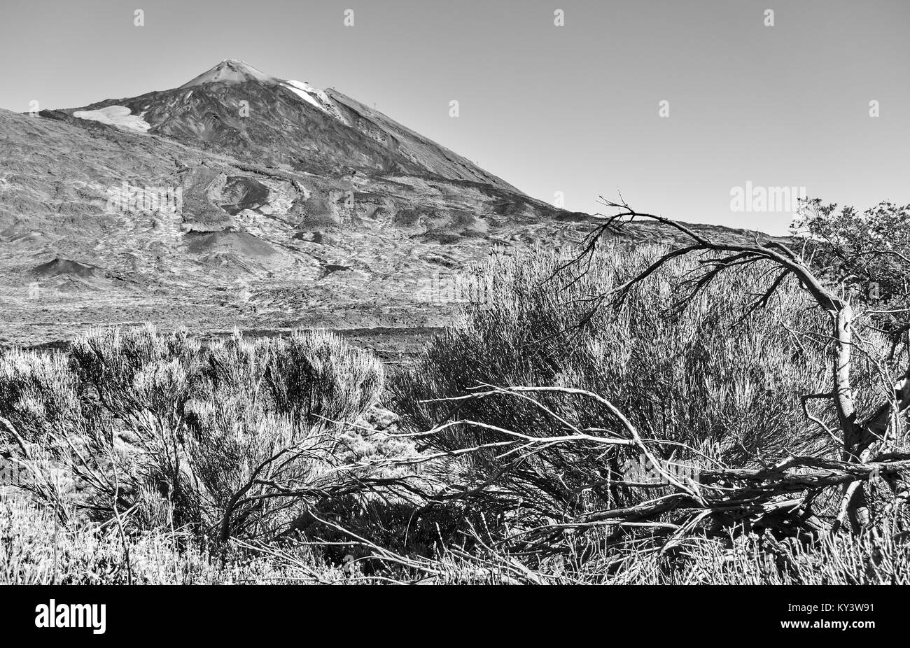 Le volcan du Teide (Pico del Teide) à Tenerife, Îles Canaries. Paysage noir et blanc Banque D'Images