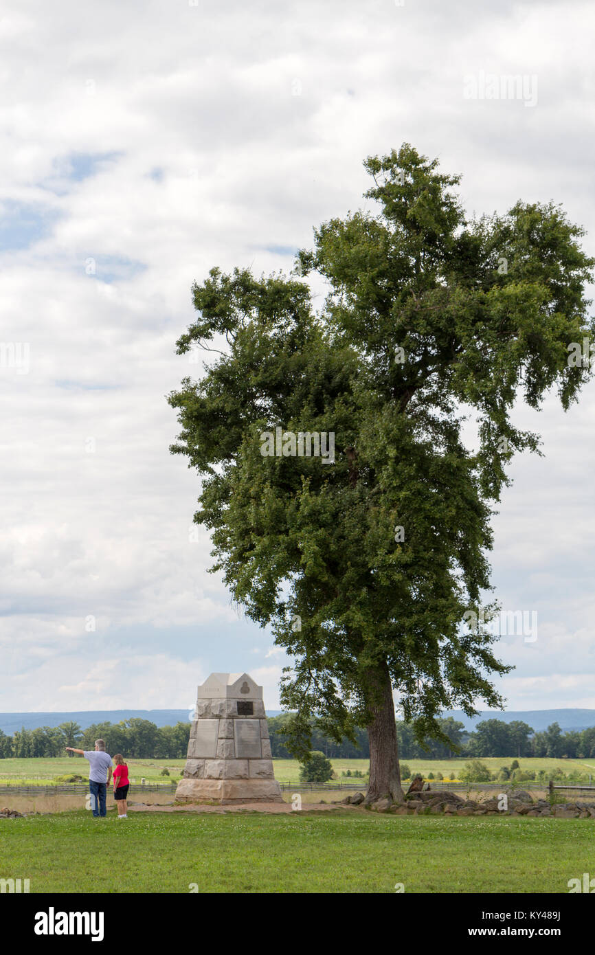 Le 71e Régiment d'infanterie des volontaires de Pennsylvanie monument indiquant l'angle, Gettysburg National Military Park, Virginia, United States. Banque D'Images