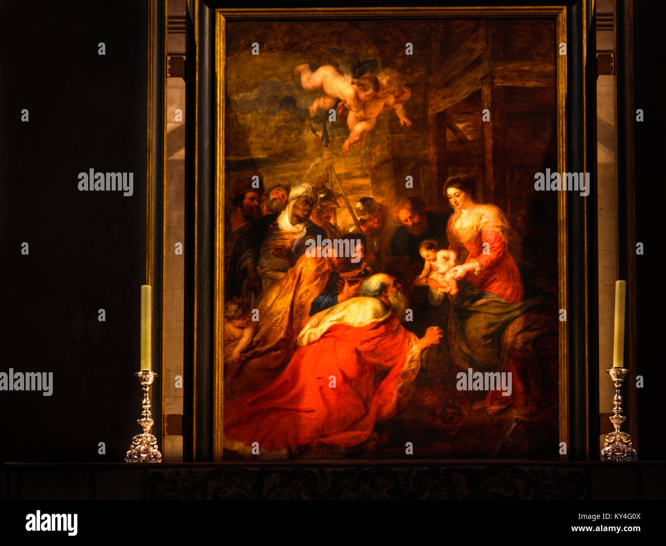 La peinture de Rubens "l'adoration des mages' dans le chœur de la chapelle du King's College, Université de Cambridge, en Angleterre. Banque D'Images
