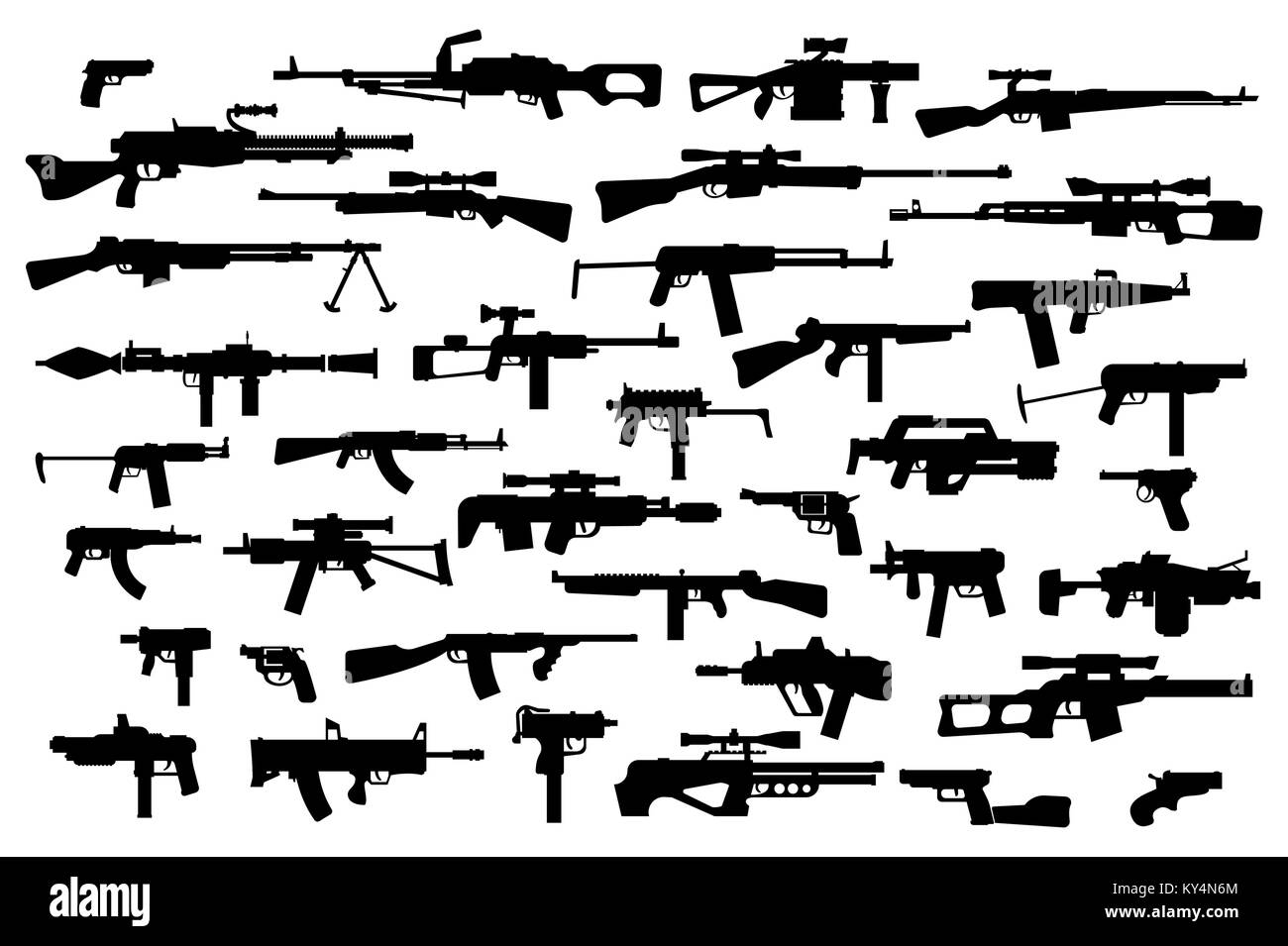 Les armes à feu. Grand vecteur ensemble de feu d'armes automatiques modernes. Silhouettes noires sur blanc fond isolé. Vue de côté. Illustration de Vecteur