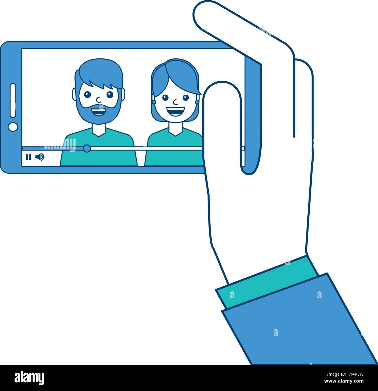 Hand holding phone mobile avec lecteur vidéo les gens vector illustration design vert et bleu Illustration de Vecteur