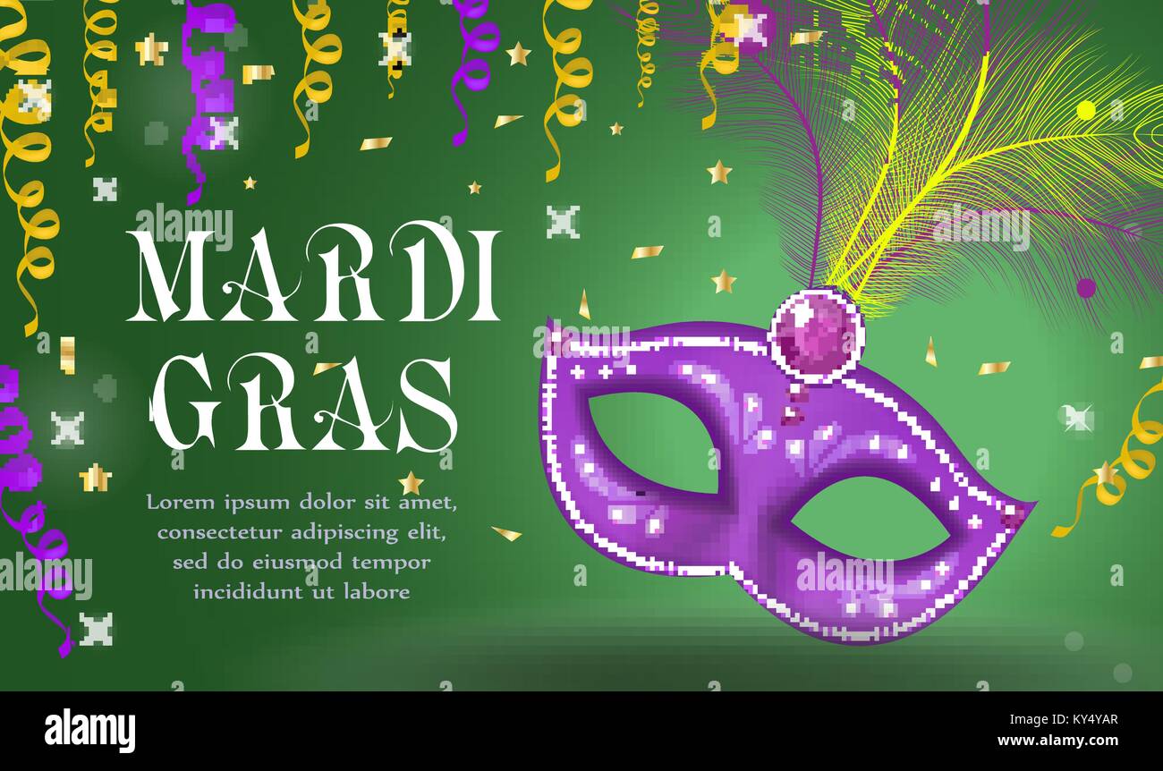 Affiche carnaval Mardi Gras, invitation, carte de vœux. Joyeux Mardi Gras modèle pour votre conception avec masque de plumes. Maison de vacances à La Nouvelle-Orléans. Mardi gras l'arrière-plan. Vector illustration. Illustration de Vecteur