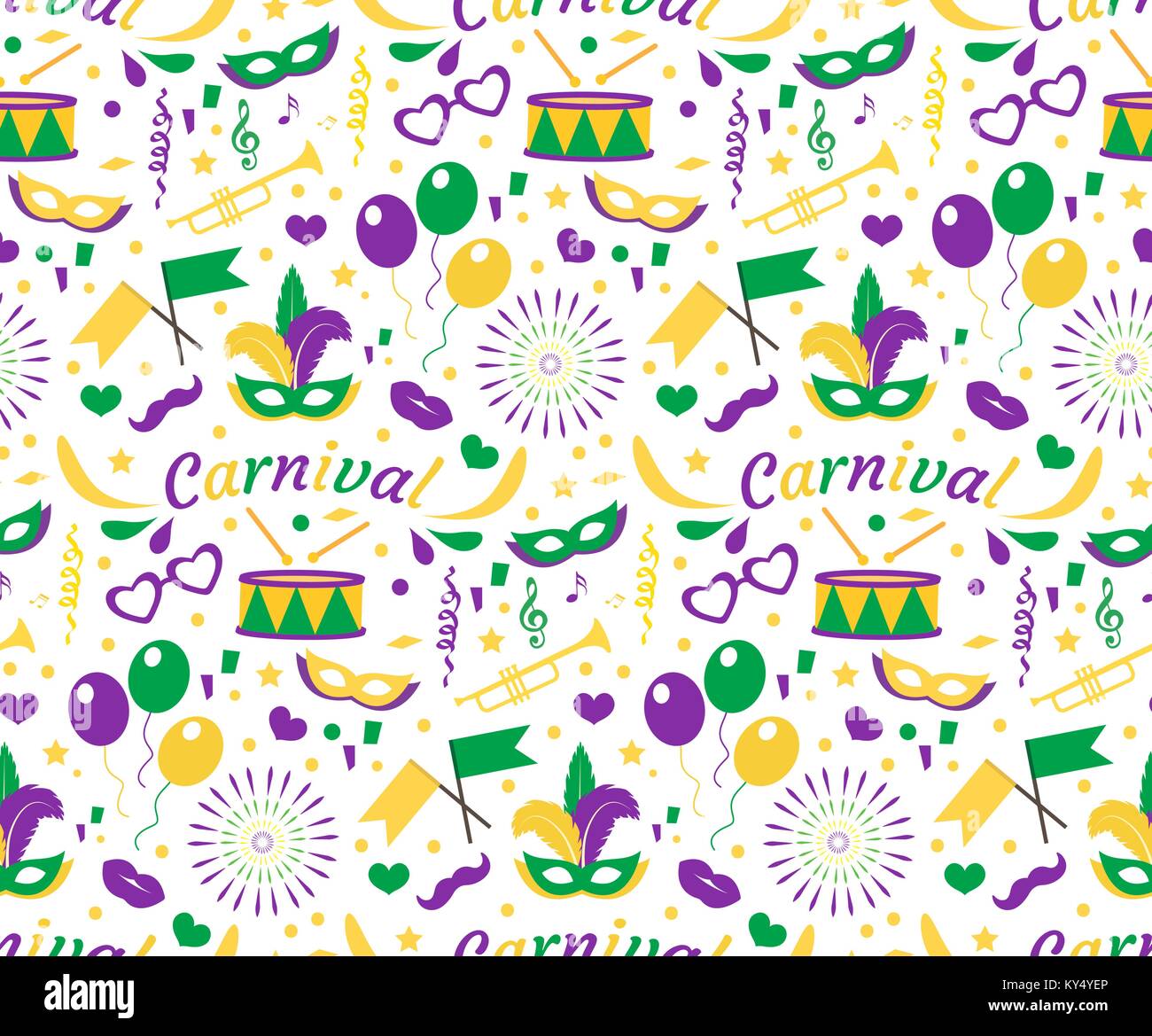 Carnaval Mardi Gras modèle transparent avec masque des plumes, des perles. Mardi Gras, texture de fond sans fin, papier peint. Toile de Festival violet, vert, jaune. Vector illustration. Illustration de Vecteur